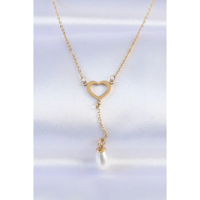 316L Çelik Zincir Gold Renk İnci Taş Detay Kalp Kolye