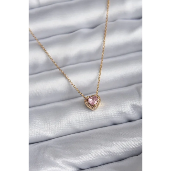 316L Çelik Zincir Gold Renk Pembe Zirkon Taşlı Charm Kadın Kolye