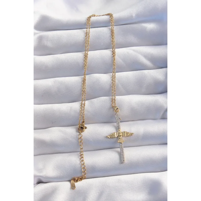 316L Çelik Zincir Gold Renkli Zirkon Taşlı Anka Kuşu Kolye