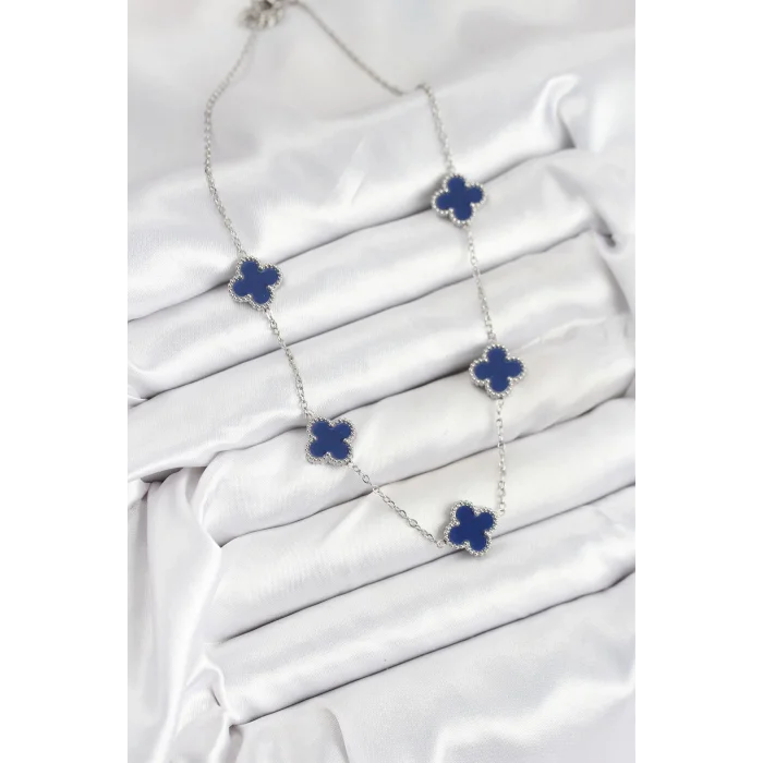 316L Çelik Zincir Gümüş Lacivert Renk Yonca Kadın Kolye