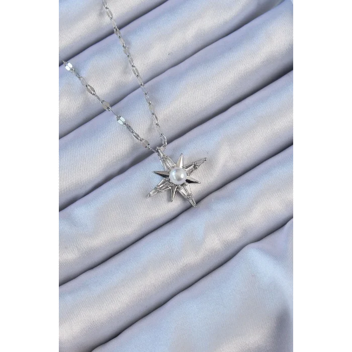 316L Çelik Zincir Gümüş Renk Baget Taşlı İnci Detay Kutup Yıldızı Kolye