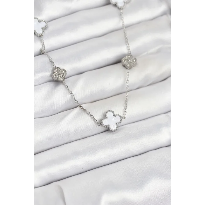 316L Çelik Zincir Gümüş Renk Beyaz ve Zirkon Taşlı Yonca Kadın Kolye
