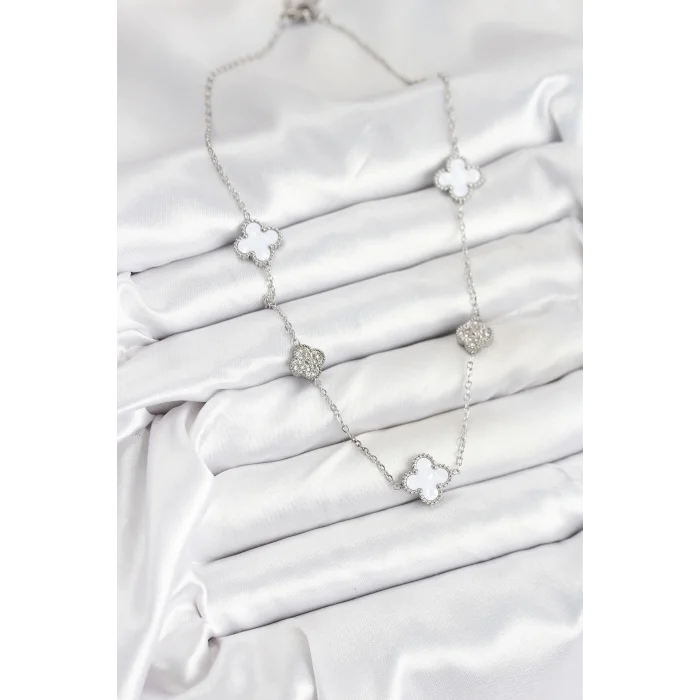 316L Çelik Zincir Gümüş Renk Beyaz ve Zirkon Taşlı Yonca Kadın Kolye