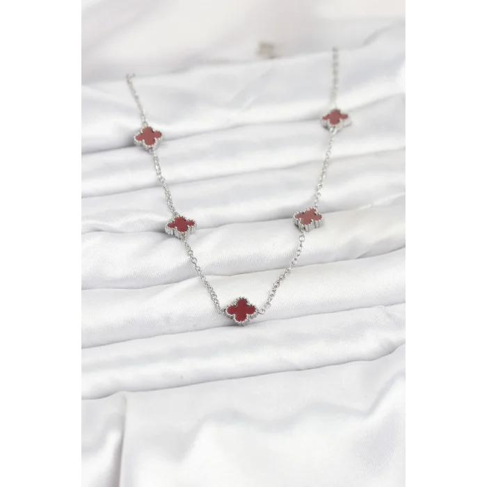 316L Çelik Zincir Gümüş Renk Bordo Baby Boy Yonca Kadın Kolye