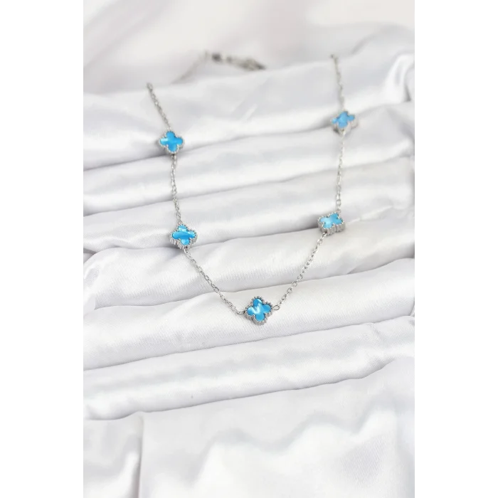 316L Çelik Zincir Gümüş Renk Buz Mavisi Baby Boy Yonca Kadın Kolye