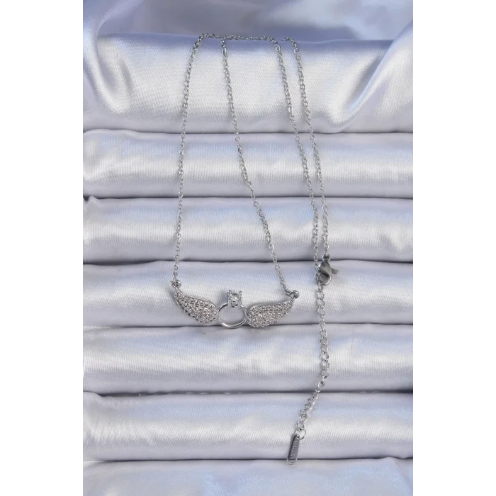 316L Çelik Zincir Gümüş Renk Kanatlı Tektaş Kolye