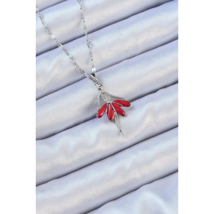 316L Çelik Zincir Gümüş Renk Kırmızı Etekli Zirkon Taşlı Balerin Kolye