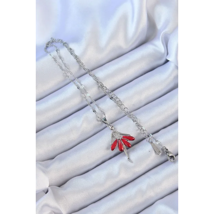 316L Çelik Zincir Gümüş Renk Kırmızı Etekli Zirkon Taşlı Balerin Kolye