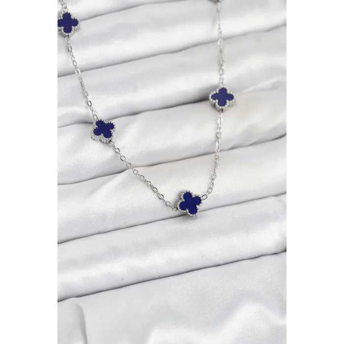 316L Çelik Zincir Gümüş Renk Lacivert Baby Boy Yonca Kadın Kolye
