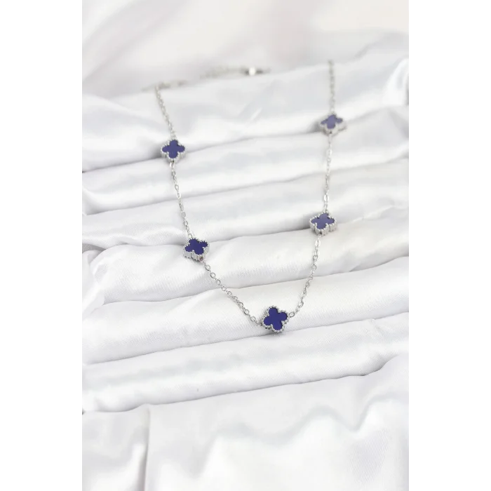 316L Çelik Zincir Gümüş Renk Lacivert Baby Boy Yonca Kadın Kolye