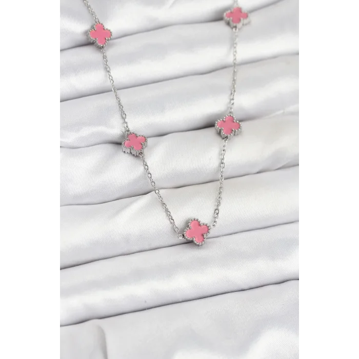 316L Çelik Zincir Gümüş Renk Pembe Baby Boy Yonca Kadın Kolye