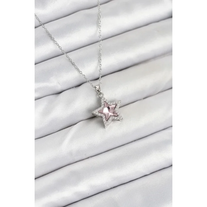316L Çelik Zincir Gümüş Renk Pembe Taşlı Yıldız Model Kadın Kolye