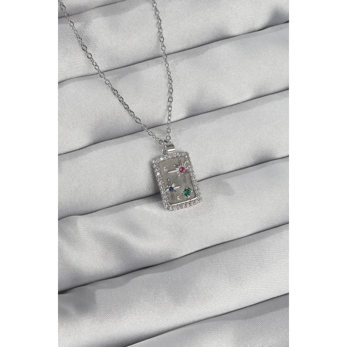 316L Çelik Zincir Gümüş Renk Renkli Zirkon Taşlı Vintage Kolye