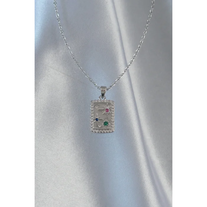 316L Çelik Zincir Gümüş Renk Renkli Zirkon Taşlı Vintage Kolye