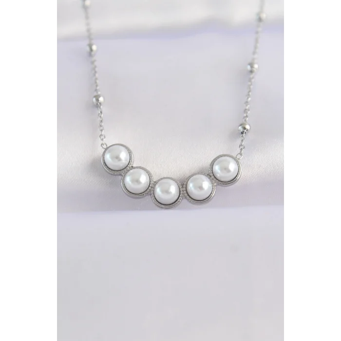 316L Çelik Zincir Gümüş Renk Sıralı İnci Taşlı Kolye