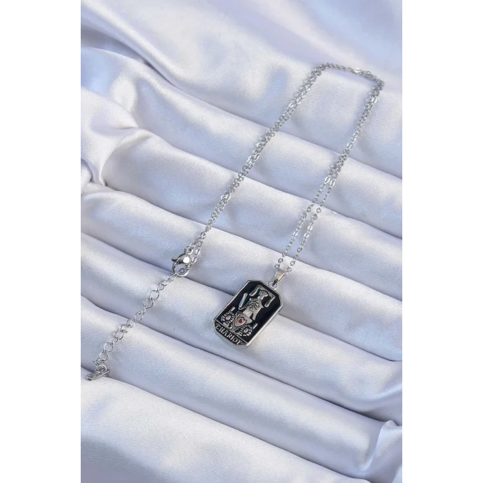 316L Çelik Zincir Gümüş Renk Siyah Mineli Tarot Kolye