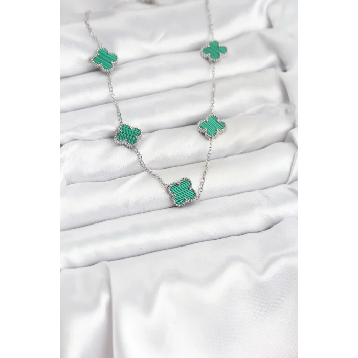 316L Çelik Zincir Gümüş Renk Yeşil Yonca Kadın Kolye