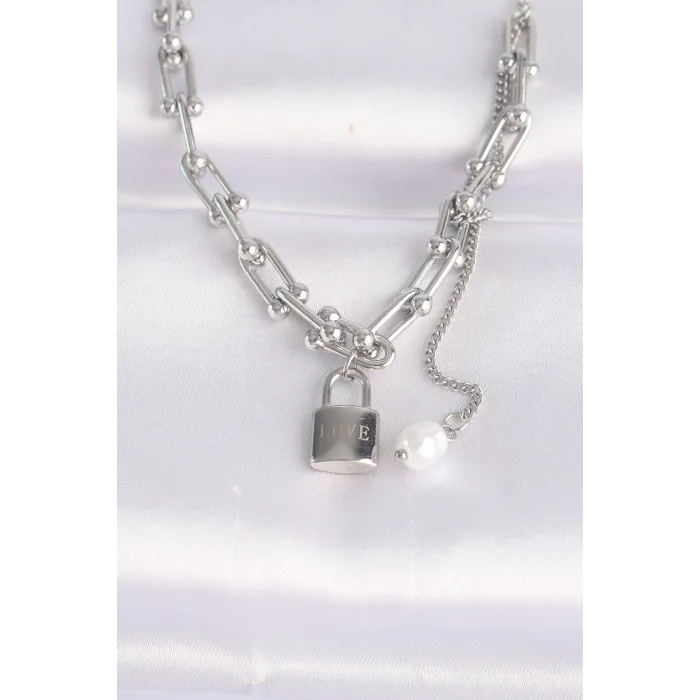 316L Çelik Zincir Gümüş Renk Zincirli Love Yazılı Kilit Kolye
