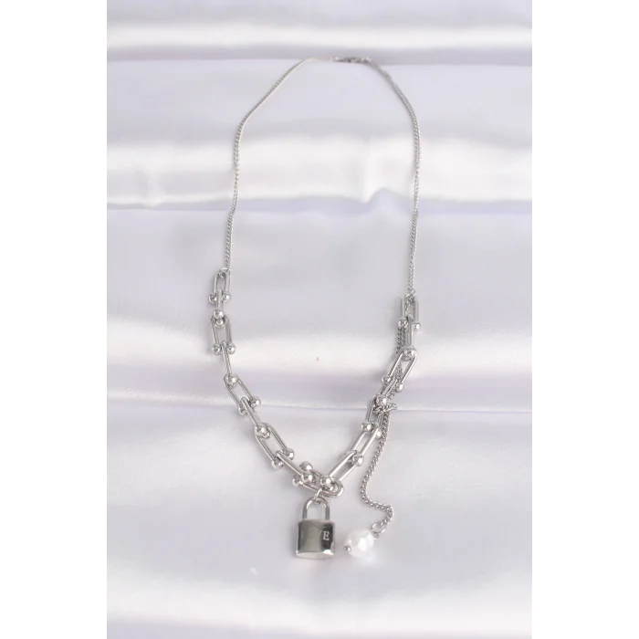 316L Çelik Zincir Gümüş Renk Zincirli Love Yazılı Kilit Kolye