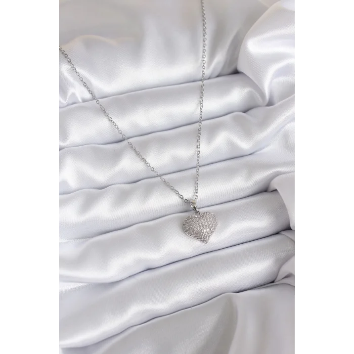 316L Çelik Zincir Gümüş Renk Zirkon Taş Detay Kalp Model Kadın Kolye