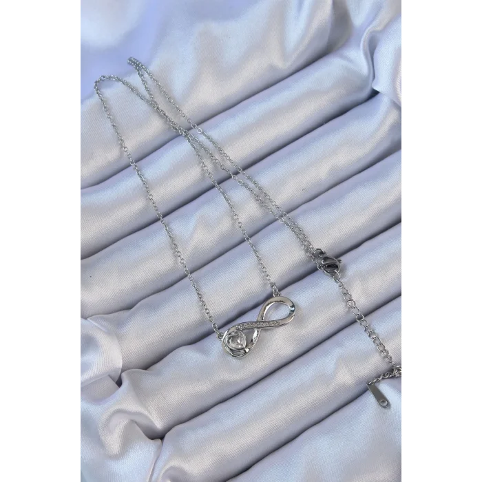 316L Çelik Zincir Gümüş Renk Zirkon Taşlı Minimal Kalp Figür Sonsuzluk Kolye
