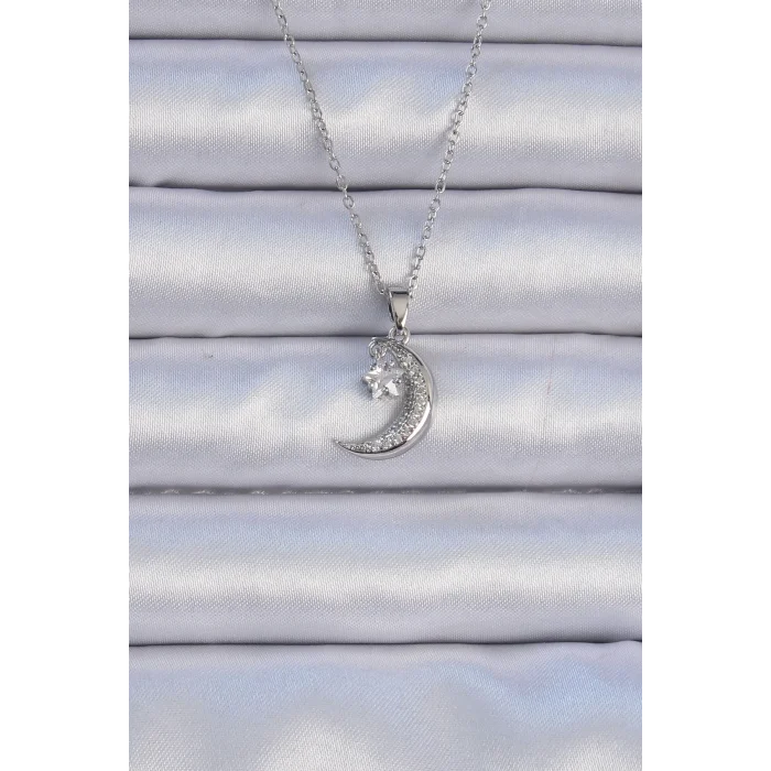 316L Çelik Zincir Gümüş Renk Zirkon Taşlı Sallantılı Ay Yıldız Kolye