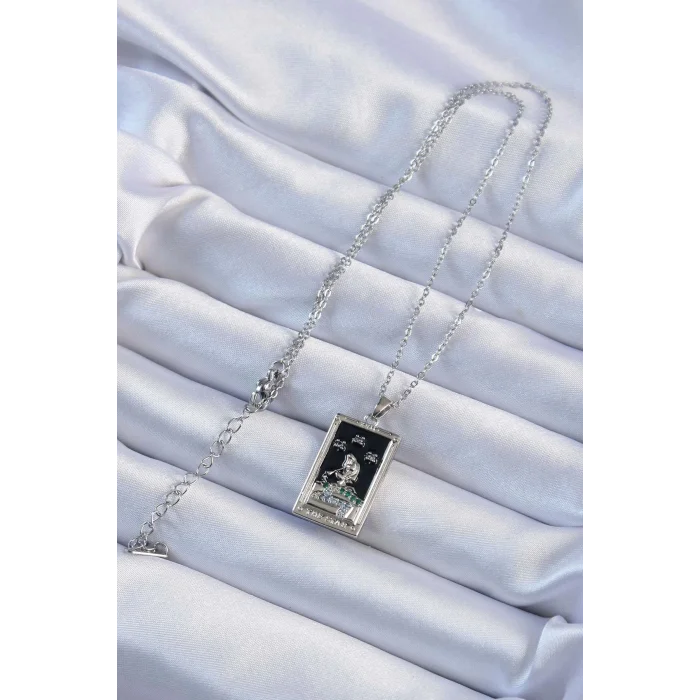 316L Çelik Zincir Gümüş Renk Zirkon Taşlı Siyah Mineli Kız Figürlü Tarot Kolye