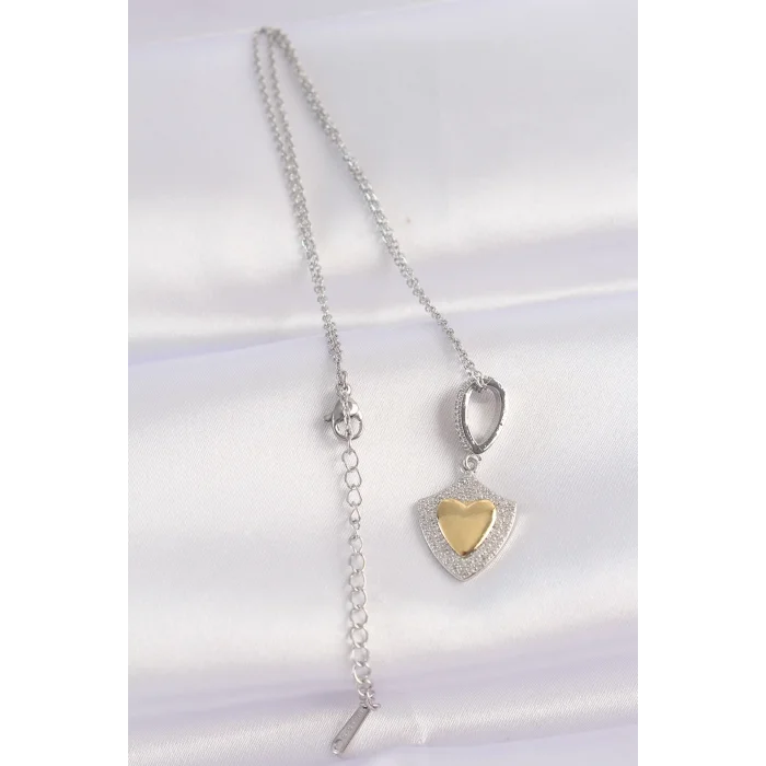 316L Çelik Zincir Gümüş Renk Zirkon Taşlı Tasarım Altın Renk Kalp Kolye