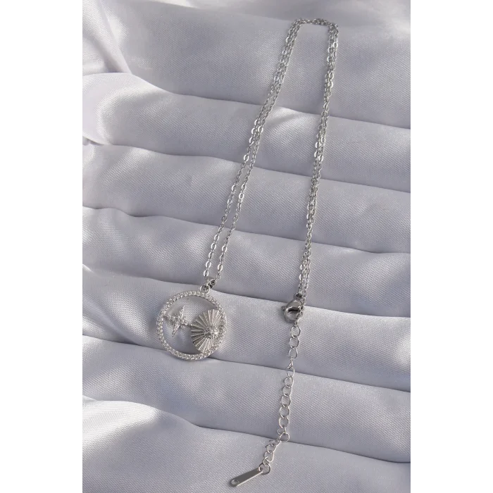 316L Çelik Zincir Gümüş Renk Zirkon Taşlı Yıldız Figürlü Oval Kolye