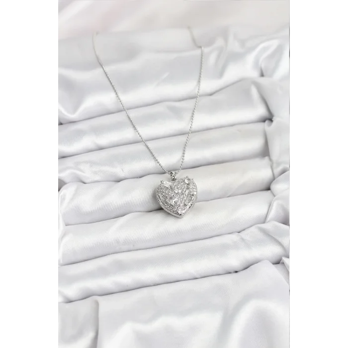 316L Çelik Zincir Gümüş Zirkon Taşlı Kalpli Kadın Kolye