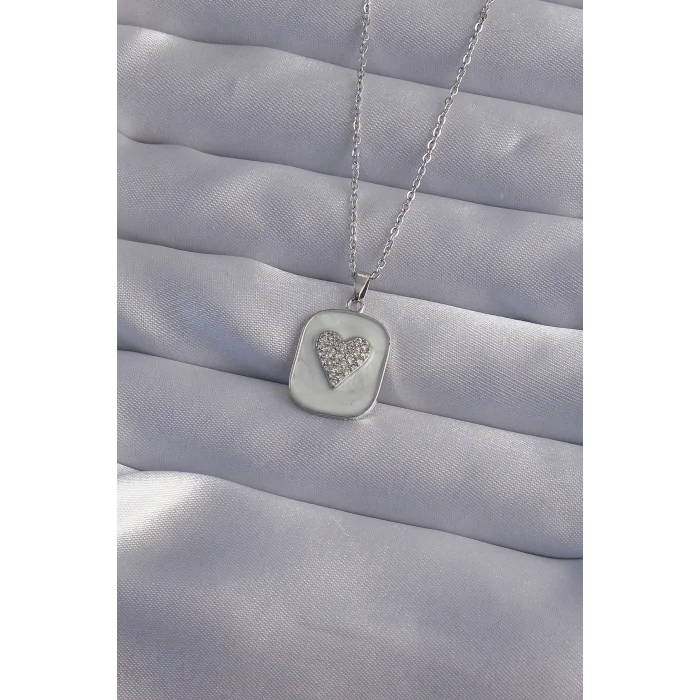 316L Çelik Zincir Mermer Desenli Gümüş Renk Zirkon Taşlı Kalp Model Kolye