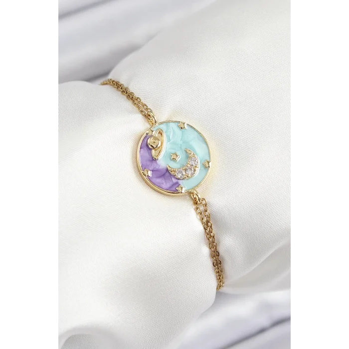 316L Çelik Zincir Mineli Sanatsal Portre Zirkon Taşlı Gezegen Model Gold Renk Kadın Bileklik