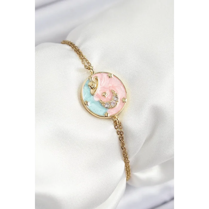 316L Çelik Zincir Mineli Sanatsal Portre Zirkon Taşlı Gezegen Model Gold Renk Kadın Bileklik