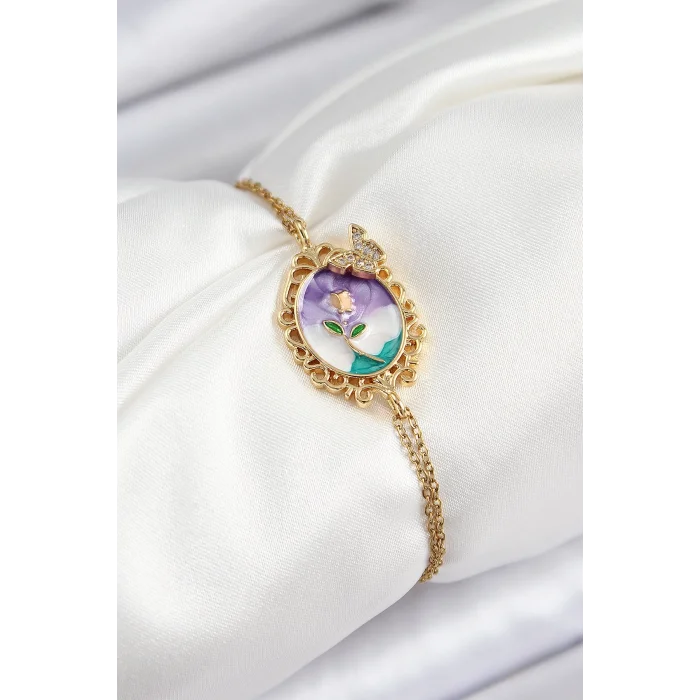 316L Çelik Zincir Mineli Sanatsal Portre Zirkon Taşlı Kelebek Detaylı Çiçek Model Gold Renk Kadın Bileklik