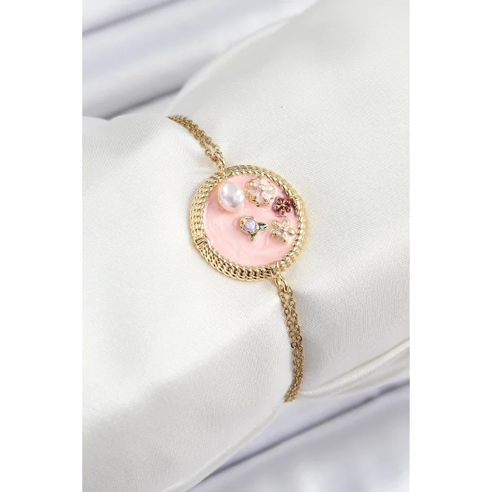 316L Çelik Zincir Pembe Mineli Sanatsal Portre İnci Detaylı Çiçek Model Gold Renk Kadın Bileklik