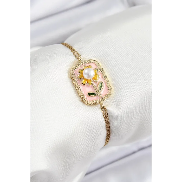 316L Çelik Zincir Pembe Mineli Sanatsal Portre İnci Detaylı Papatya Model Gold Renk Kadın Bileklik