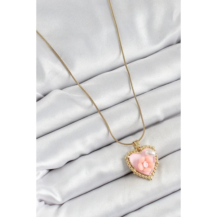 316L Çelik Zincir Pembe Sanatsal Portre İnci Detaylı Papatya Figürlü Kalp Model Gold Renk Kadın Kolye