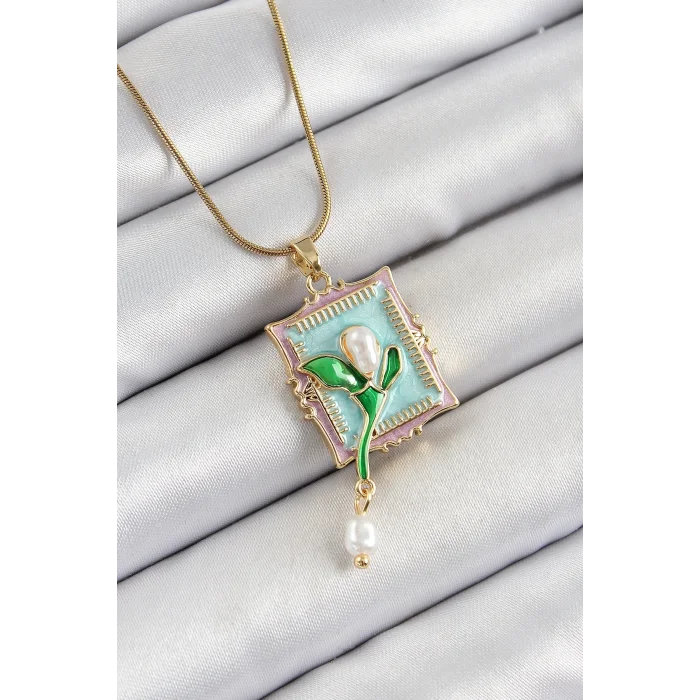 316L Çelik Zincir Turkuaz Sanatsal Portre Sallantılı İnci Detaylı Lale Model Gold Renk Kadın Kolye