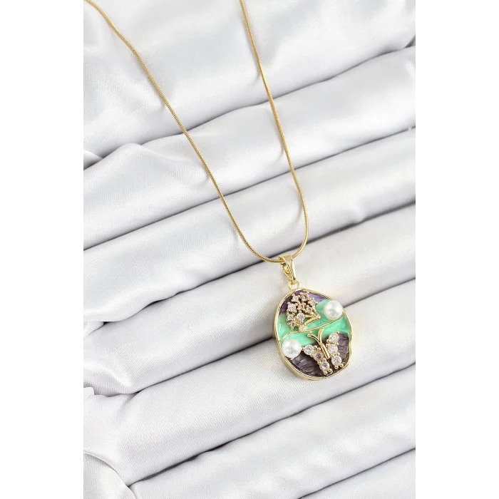 316L Çelik Zincir Zirkon Taşlı Yeşil Mor Sanatsal Portre İnci Detaylı Ağaç Ve Kelebek Figürlü Model Gold Renk Kadın Kolye