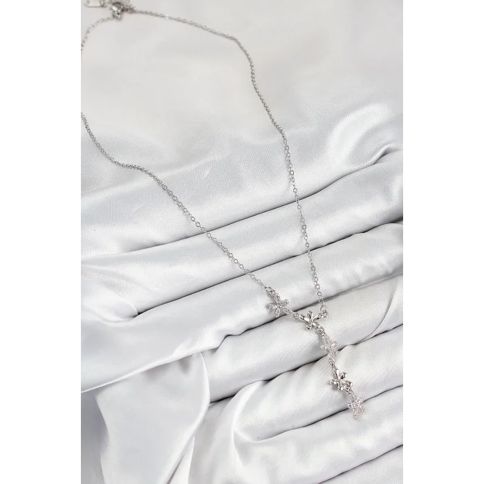 316L Çelik Zirkon Taşlı Çiçek Model Gümüş Renk Kadın Kolye