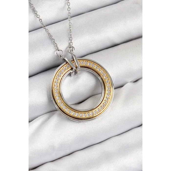 316L Çelik Zirkon Taşlı Dönen Daire Model Gold Ve Gümüş Renk Kadın Kolye