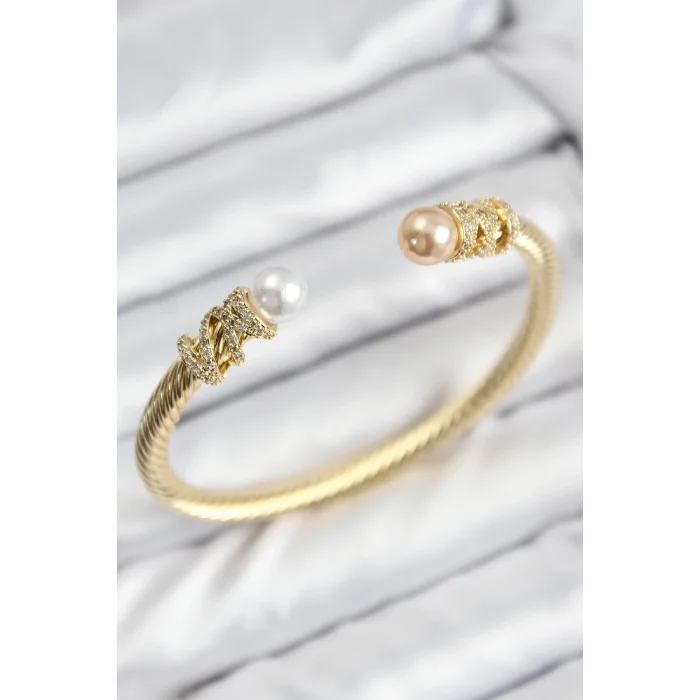 316L Çelik Zirkon Taşlı İnci Model Gold Renk Kadın Bileklik