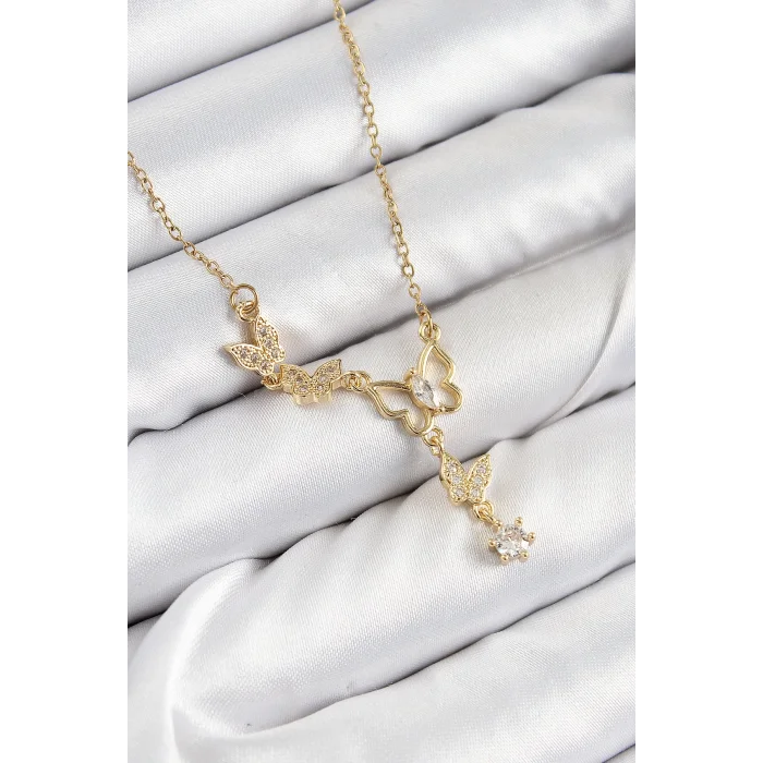 316L Çelik Zirkon Taşlı Kelebek Model Gold Renk Kadın Kolye