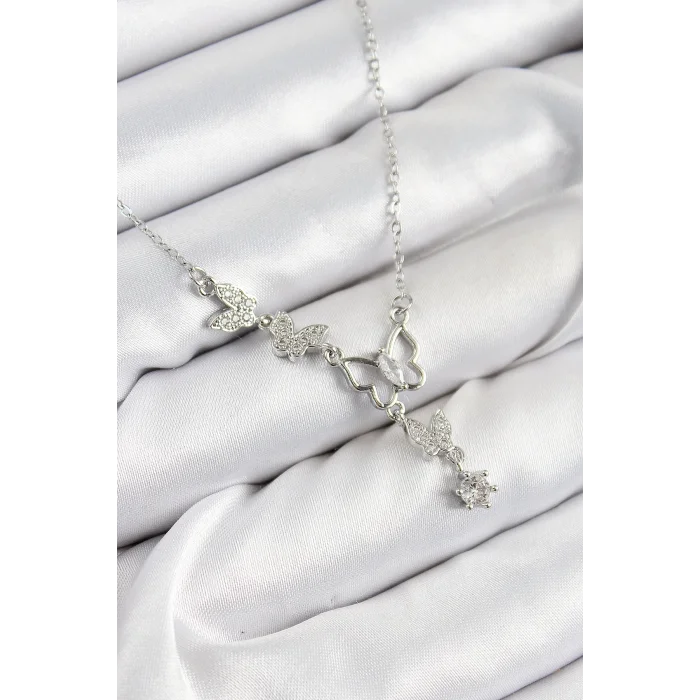 316L Çelik Zirkon Taşlı Kelebek Model Gümüş Renk Kadın Kolye