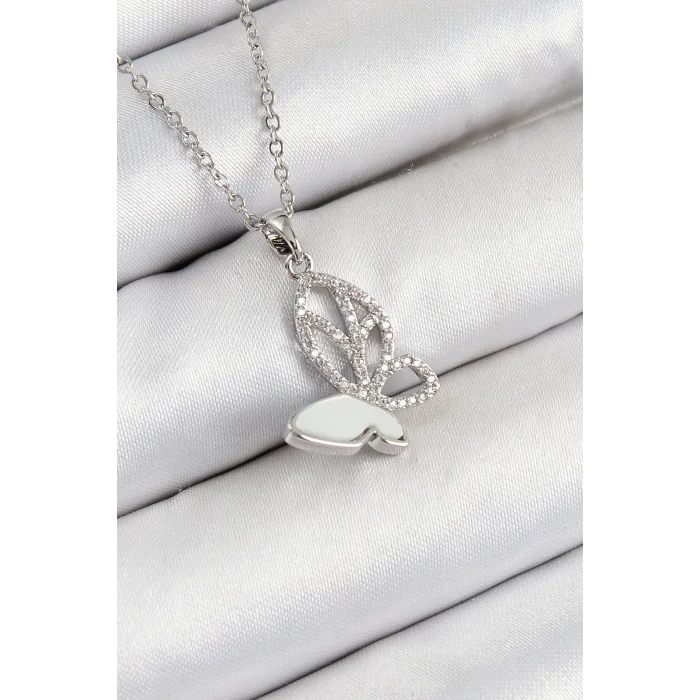 316L Çelik Zirkon Taşlı Kelebek Model Gümüş Renk Kadın Kolye