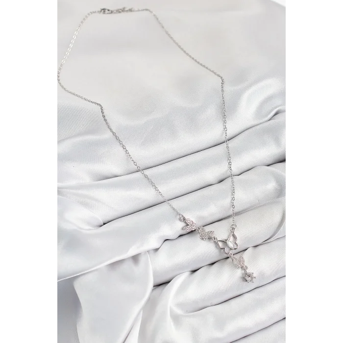 316L Çelik Zirkon Taşlı Kelebek Model Gümüş Renk Kadın Kolye