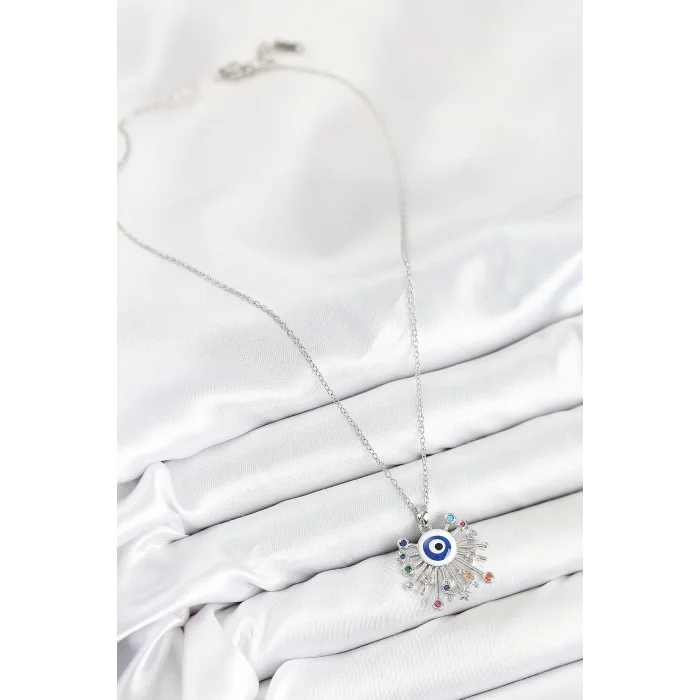 316L Çelik Zirkon Taşlı Nazar Model Gümüş Renk Kadın Kolye