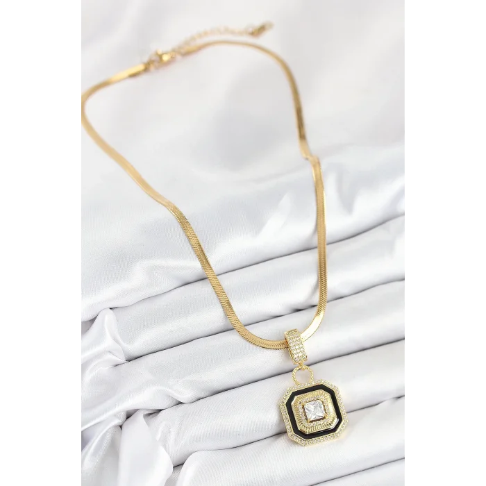 316L Çelik Zirkon Taşlı Siyah Detaylı Baget Model Gold Renk Kadın Kolye