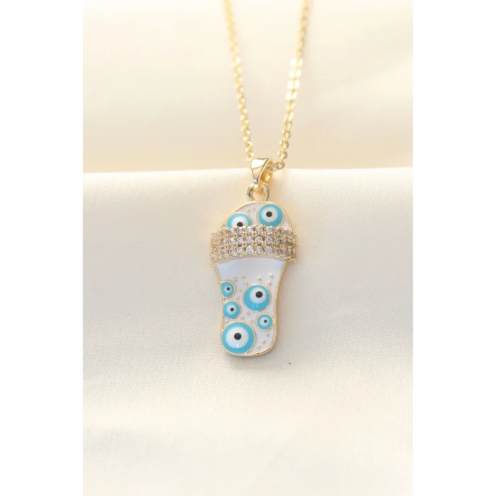 316L Zinciri Çelik Zirkon Taşlı Gold Renk Nazar Boncuklu Terlik Kolye