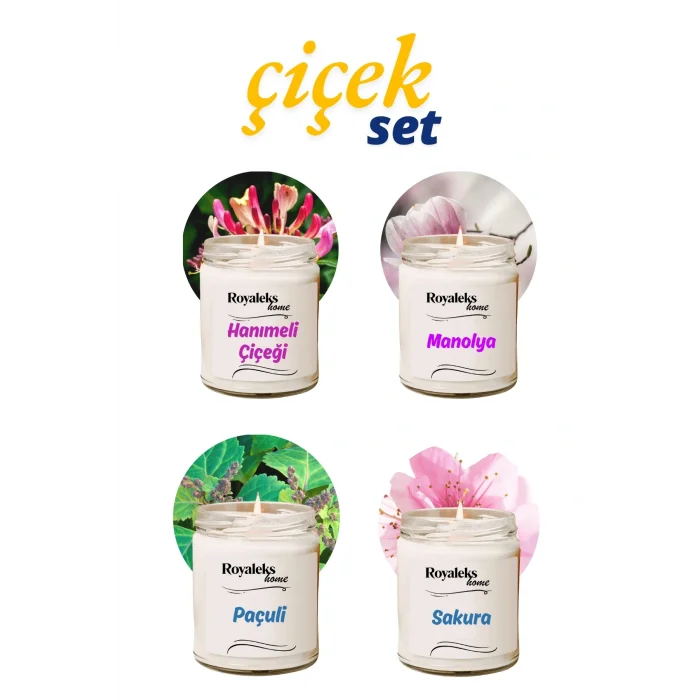 4 Adet Doğal Özel Seri Kokulu Dekoratif Kavanoz Mum 4X210 cc - Çiçek Seti - RYL